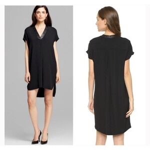 Vince Women Black 100% Silk Leather Trim V-Neck Shift Dress Short Sleeve Size S